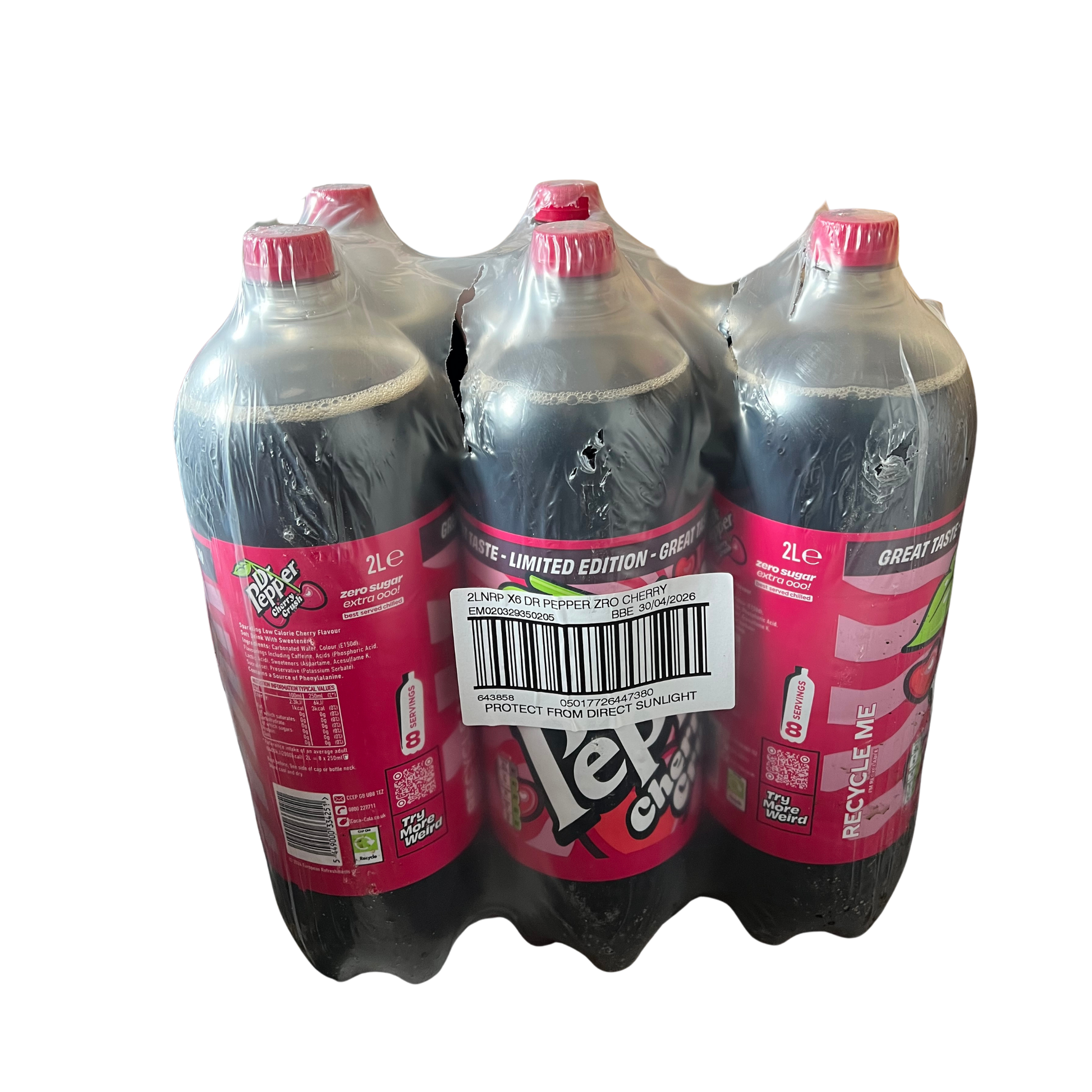 Six-pack of Le'Pop Cherry Cola bottles on a white background