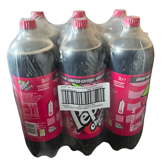 Pack of Dr Pepper Cherry soda bottles with pink caps on a white background
