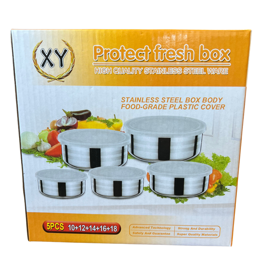 Box of high-quality stainless steelware with food-grade plastic cover on a white background