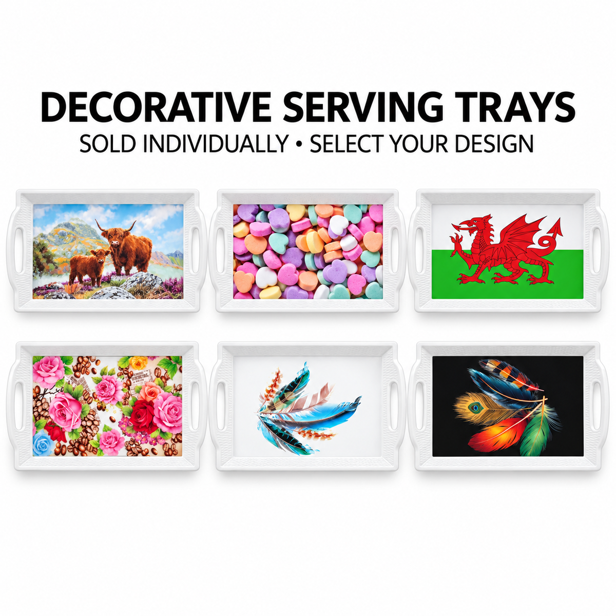 Decorative Plastic Serving Tray with Handles – Choice of Design