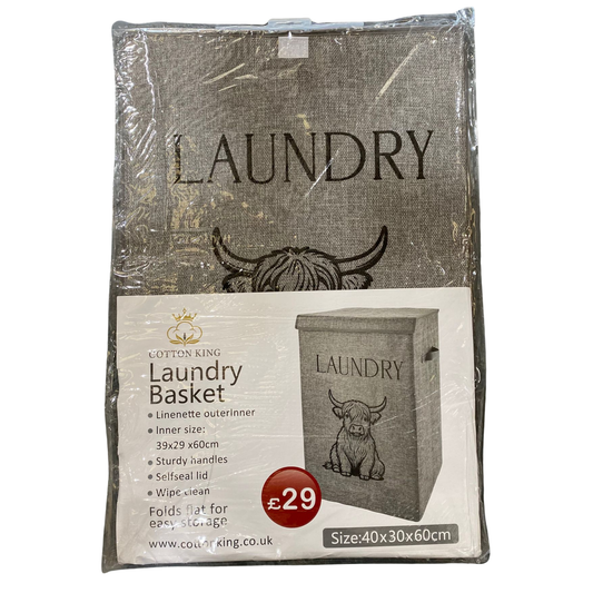 Packaged laundry basket with branding and product details on a white background