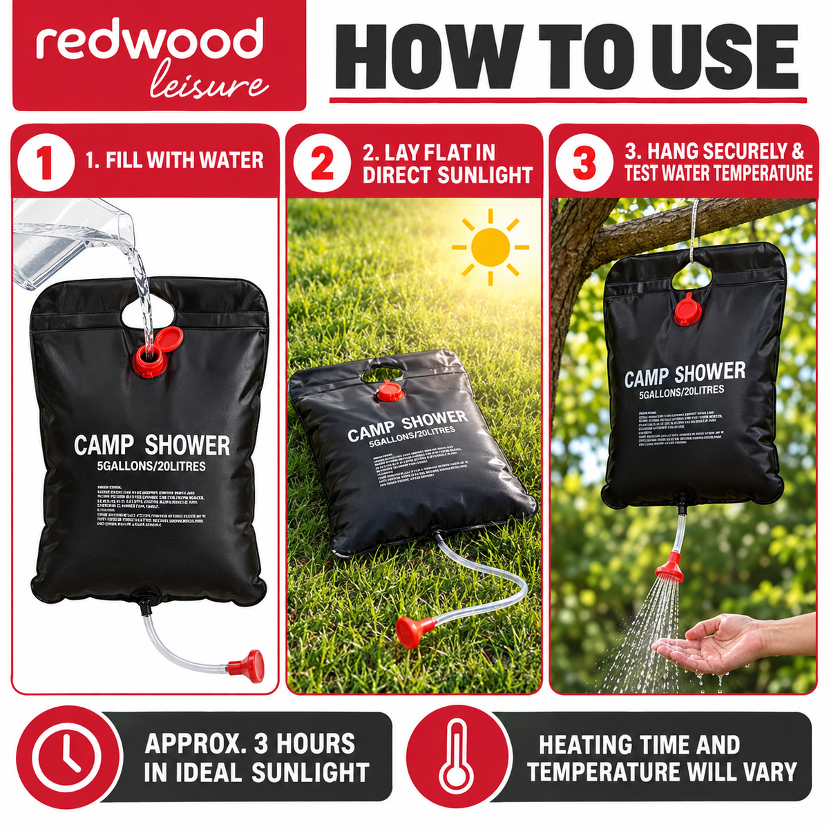 Redwood Leisure 20 Litre Solar Camping Shower – Portable 5 Gallon Water Bag