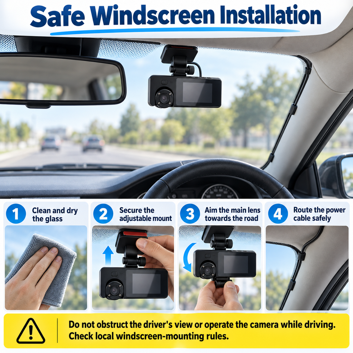 Dual-Lens Dash Camera with Display & Adjustable Windscreen Mount