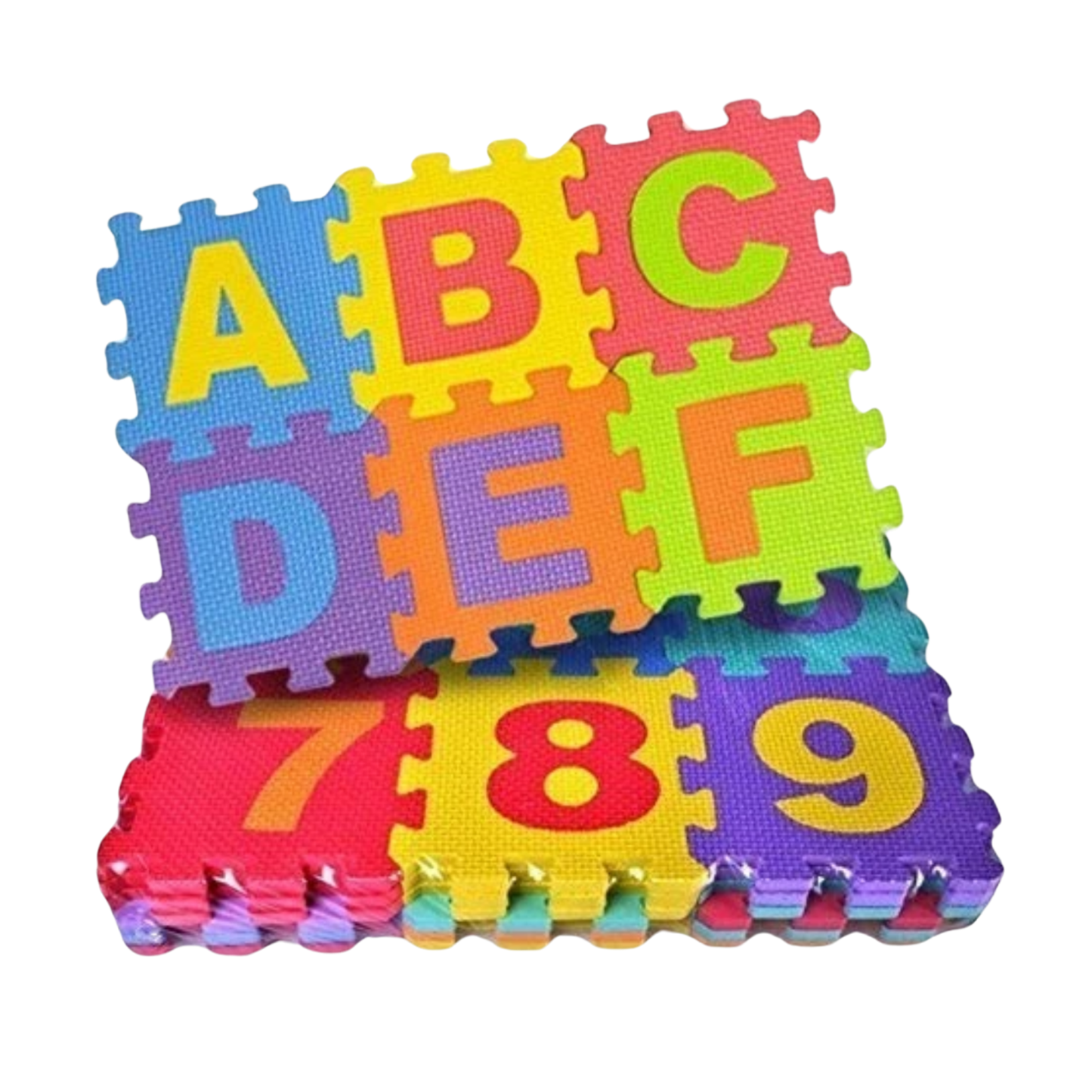 Colorful alphabet and number puzzle mat on a white background