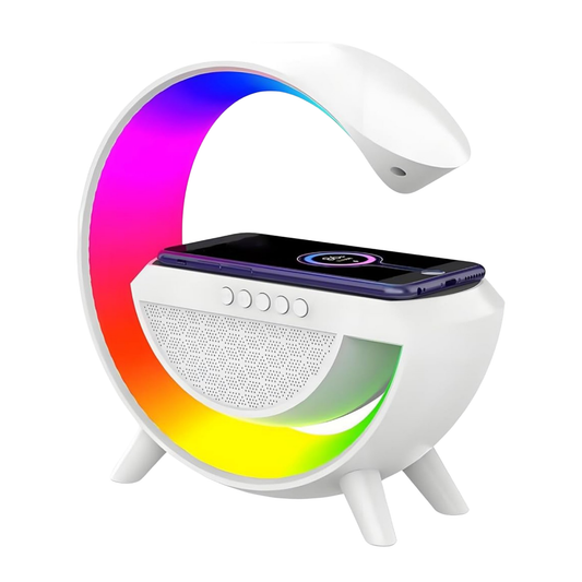 White electronic device with a colorful circular light and smartphone on a white background