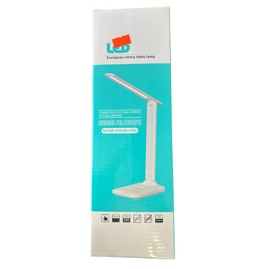 Package of a LED table lamp with a white base on a light blue background