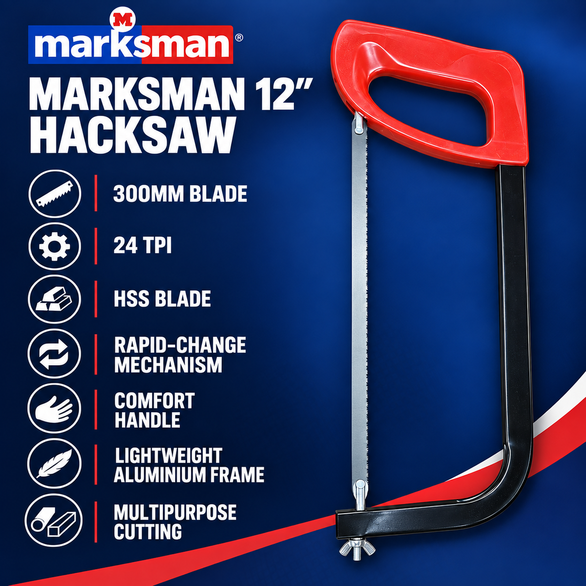 Marksman 12-Inch/300mm Multipurpose Hacksaw – 24 TPI HSS Blade