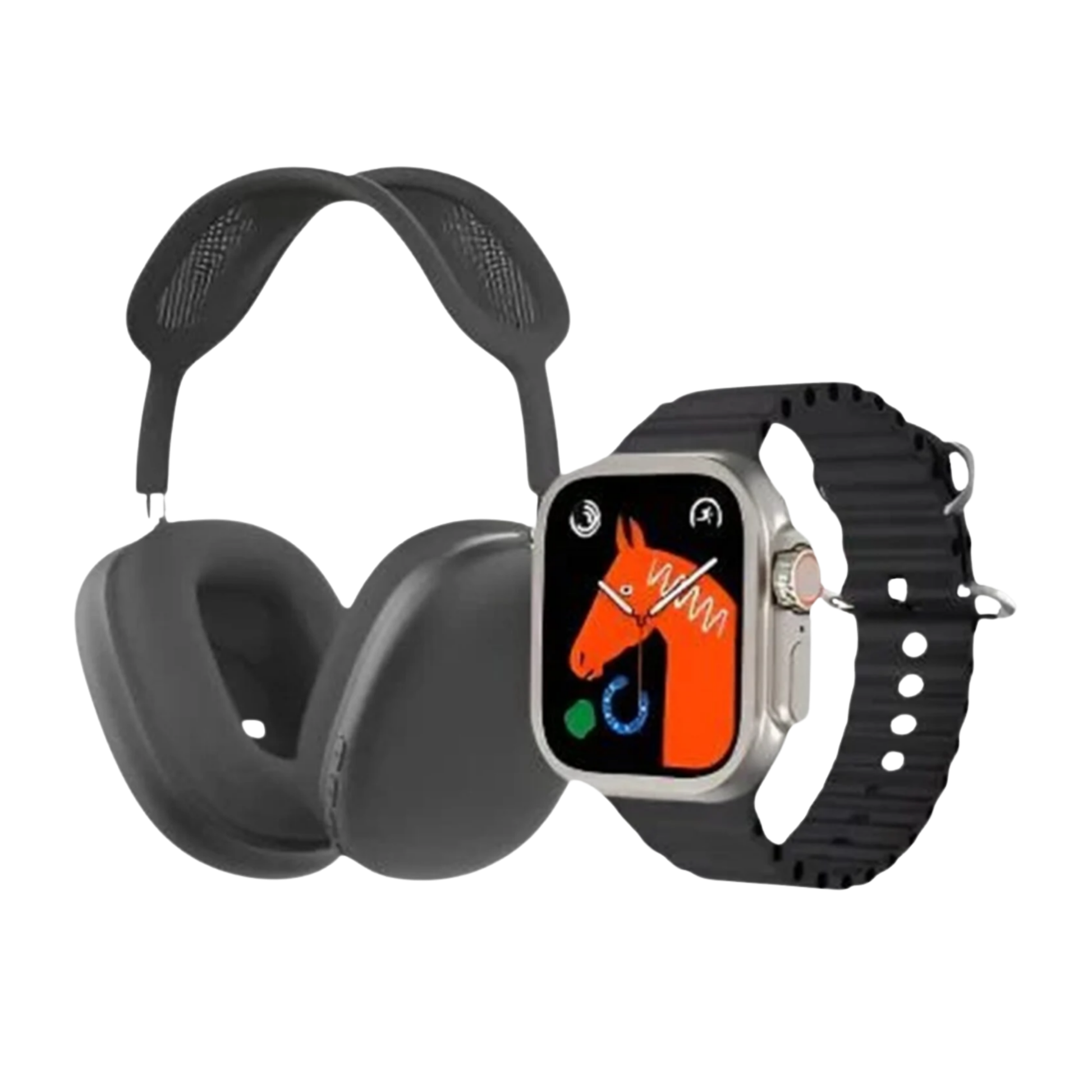Smartwatch with black strap and ear protection headphones on a white background