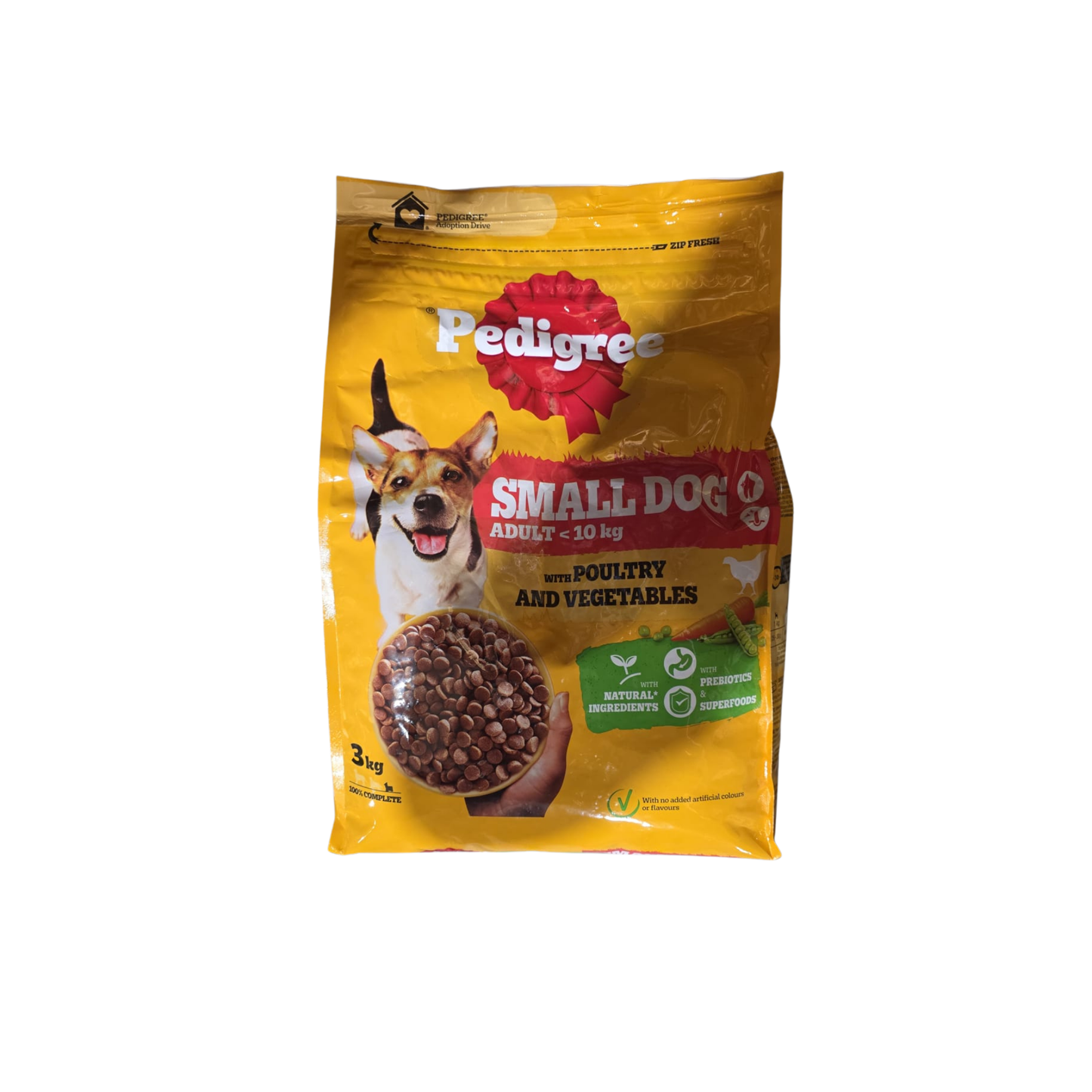 Pedigree dog food package for small dogs on a white background