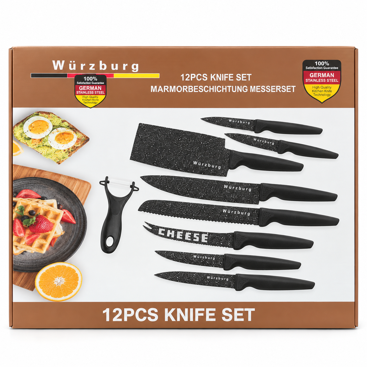 Würzburg 12-Piece Black Speckled Kitchen Knife Set with Peeler – 18+