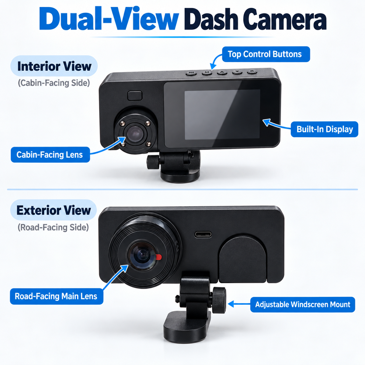 Dual-Lens Dash Camera with Display & Adjustable Windscreen Mount
