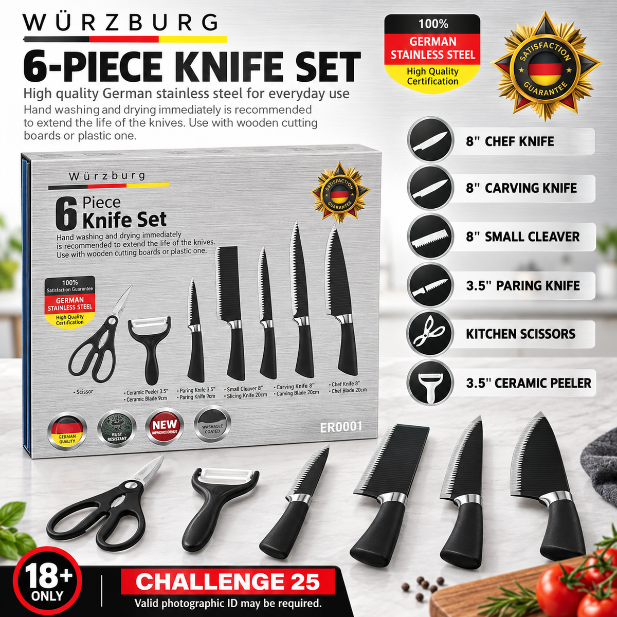 Würzburg 6-Piece Kitchen Knife, Scissors & Peeler Set – 18+