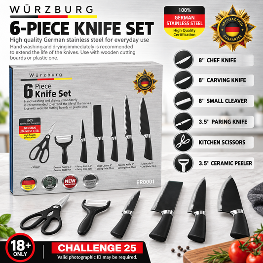 Würzburg 6-Piece Kitchen Knife, Scissors & Peeler Set – 18+