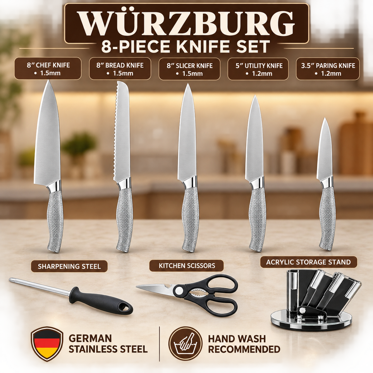 Würzburg 8-Piece German Stainless-Steel Kitchen Knife Set with Acrylic Stand – 18+