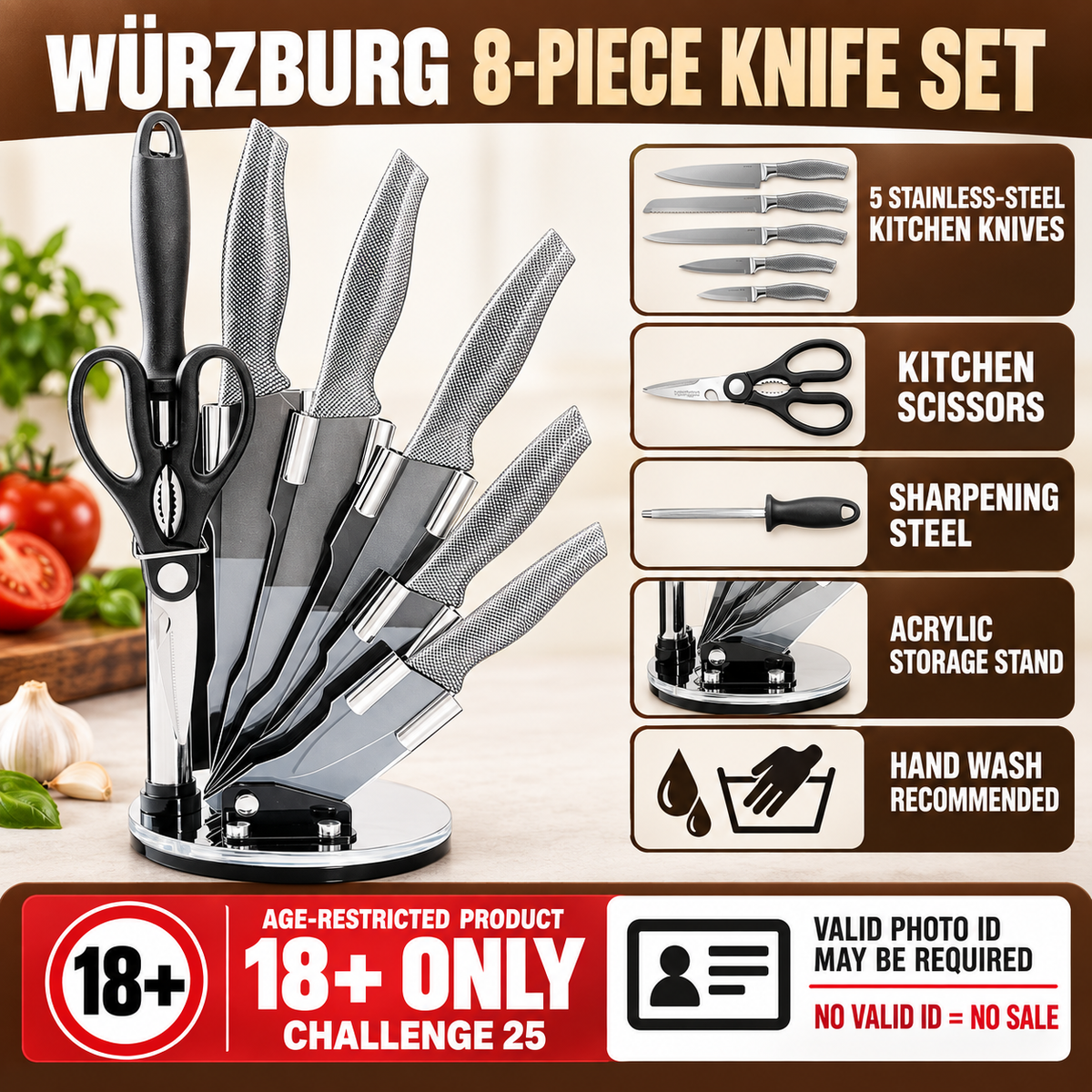Würzburg 8-Piece German Stainless-Steel Kitchen Knife Set with Acrylic Stand – 18+