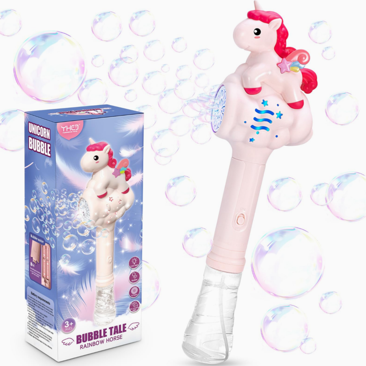 Unicorn-shaped bubble wand with packaging on a white background