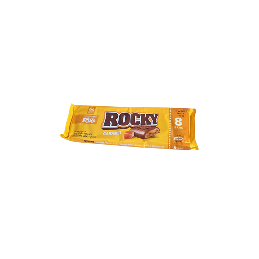 Packaging of Rocky Caramel candy bars on a white background