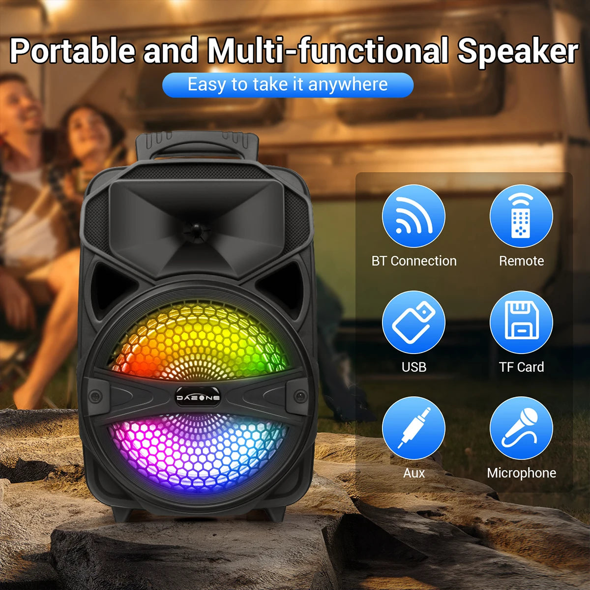 8"1000W Portable Bluetooth Speaker Heavy Bass Sound System Party DJ With Microphone and Remote RGB Led Light USB TF FM Subwoofer