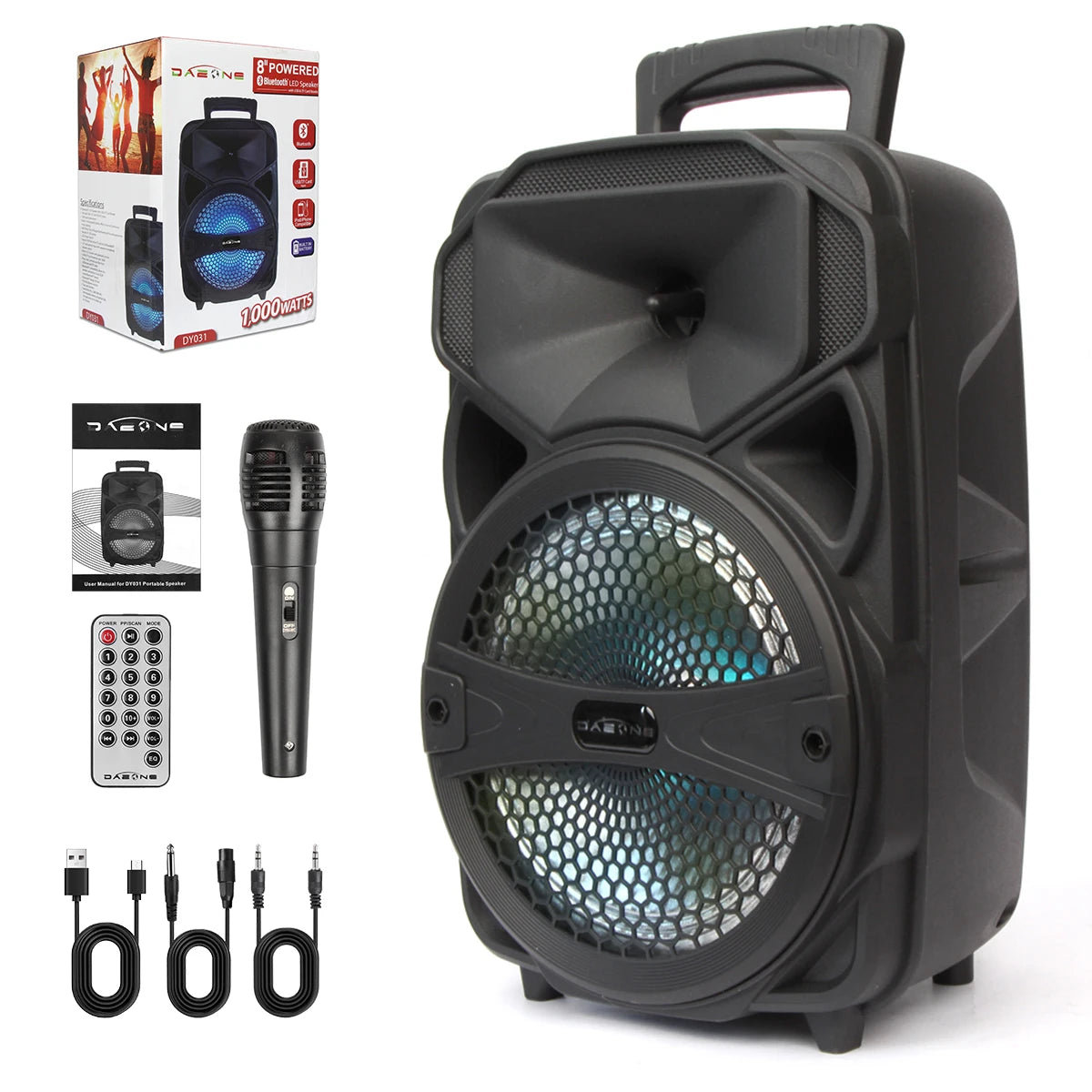 8"1000W Portable Bluetooth Speaker Heavy Bass Sound System Party DJ With Microphone and Remote RGB Led Light USB TF FM Subwoofer