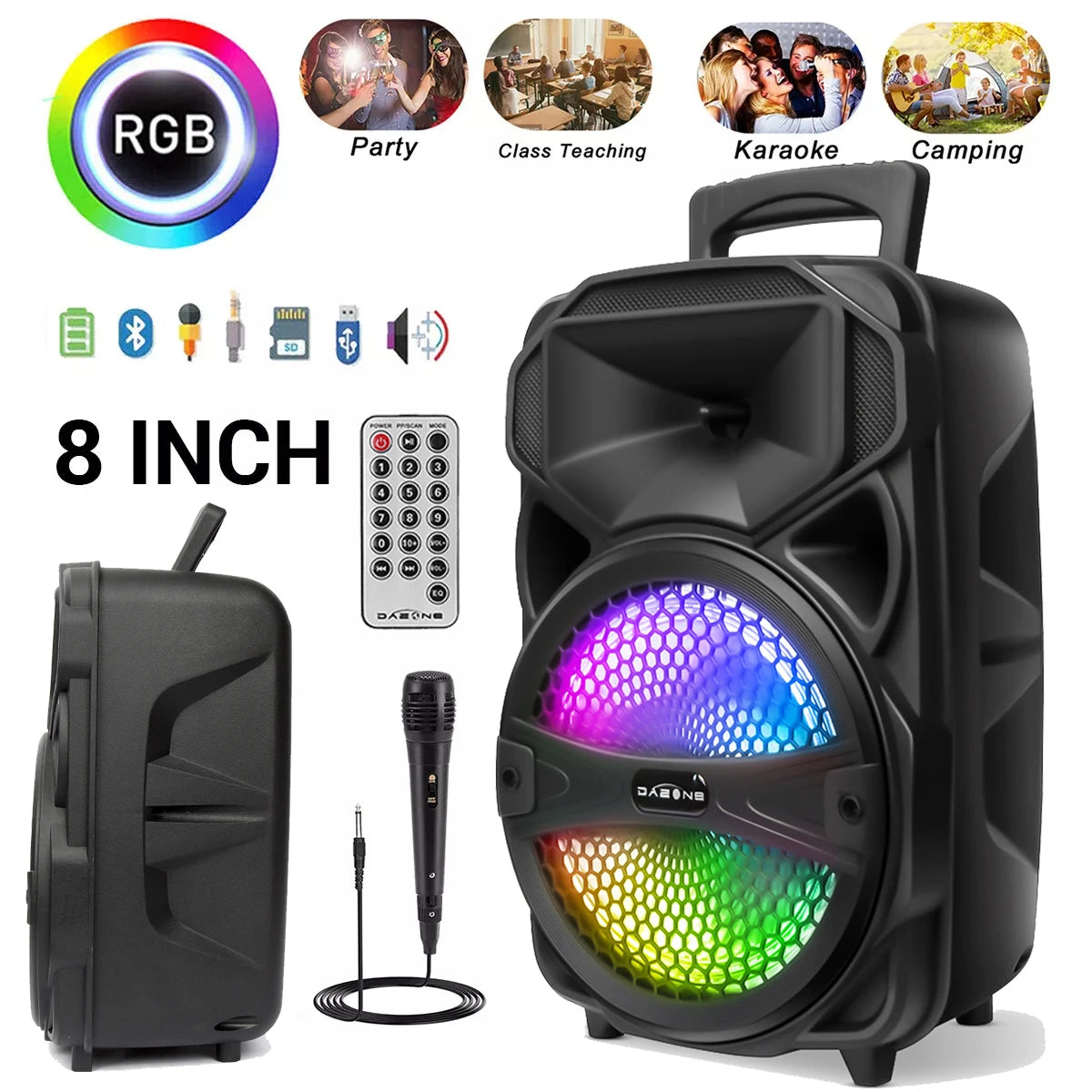 8"1000W Portable Bluetooth Speaker Heavy Bass Sound System Party DJ With Microphone and Remote RGB Led Light USB TF FM Subwoofer