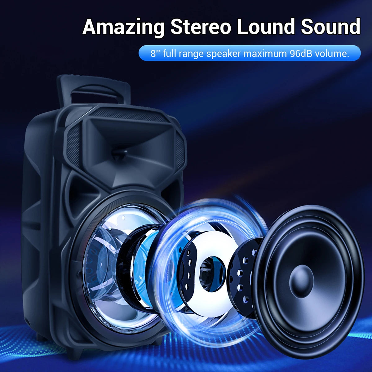 8"1000W Portable Bluetooth Speaker Heavy Bass Sound System Party DJ With Microphone and Remote RGB Led Light USB TF FM Subwoofer