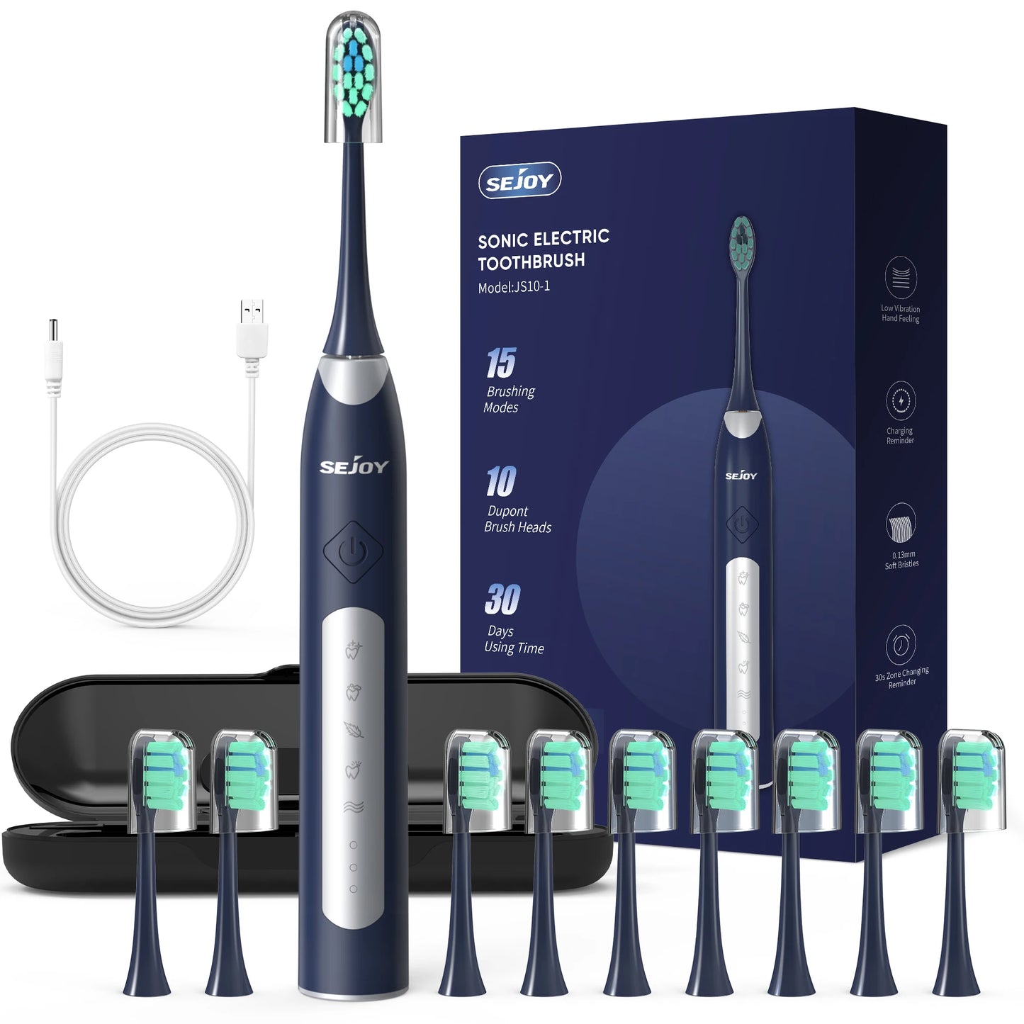 Sejoy  Electric Sonic Toothbrush with 10 pcs Replacement Heads Rechargeable