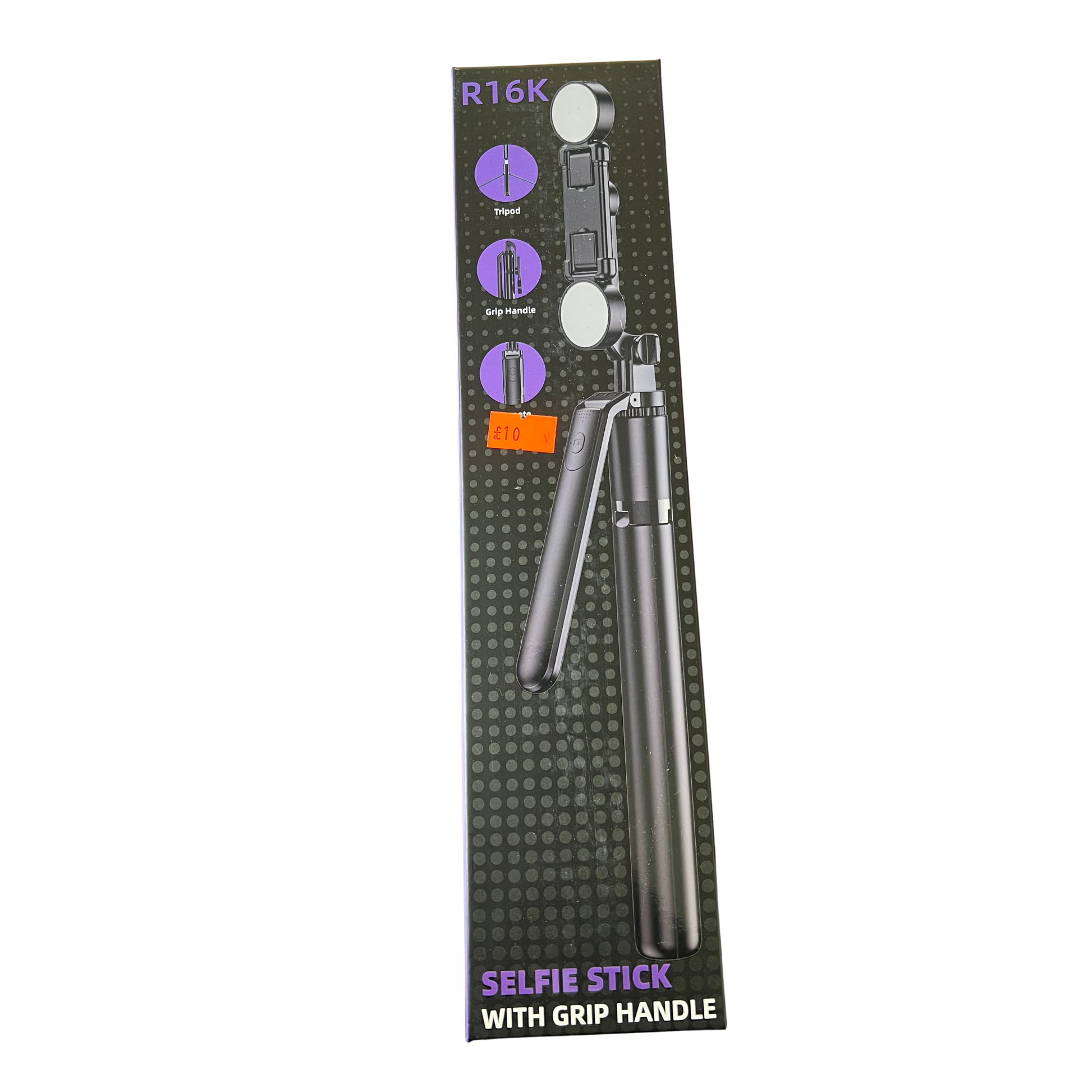 Packaging of a selfie stick with grip handle on a white background