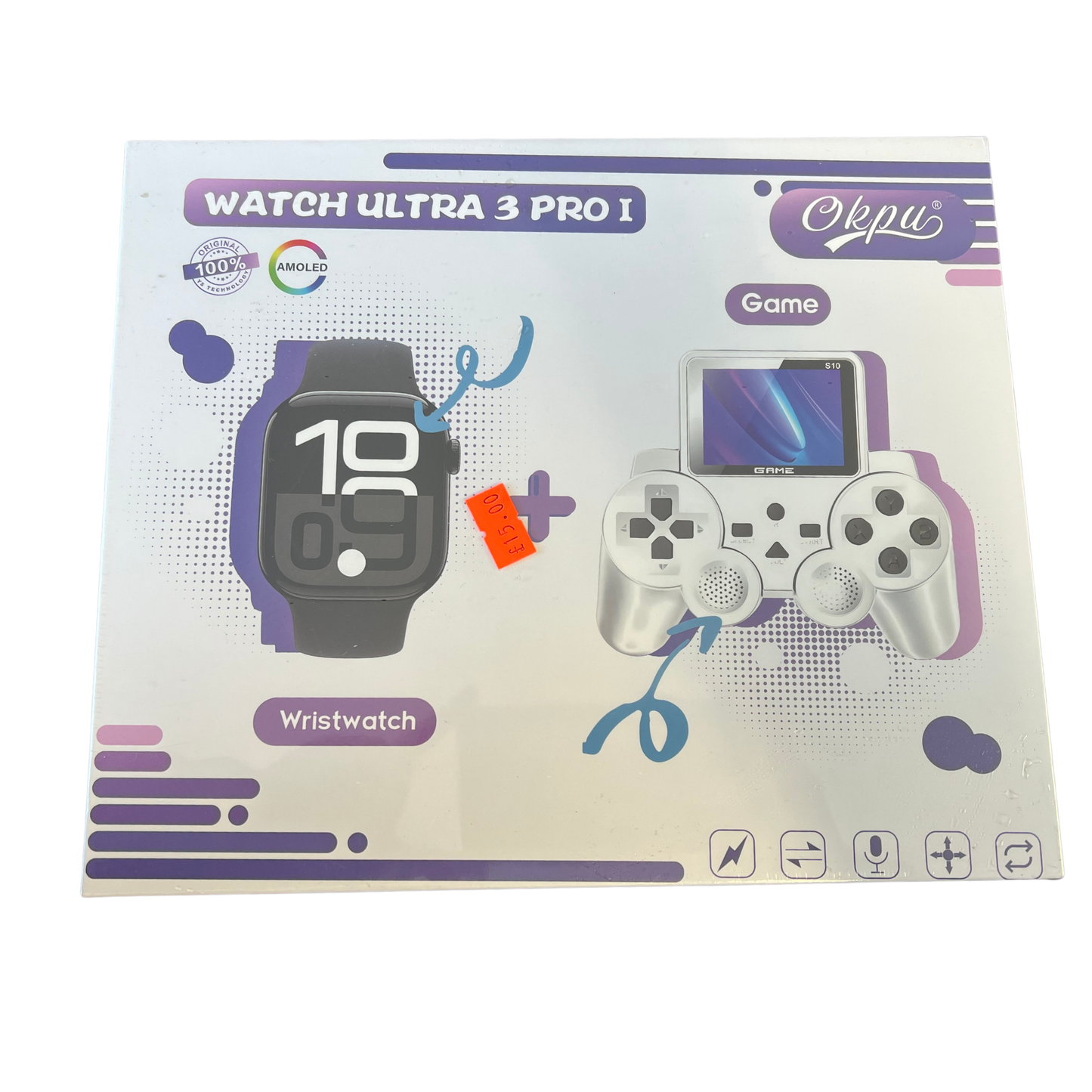 Box packaging of a wristwatch and game controller with 'Okpu' branding on a white background.