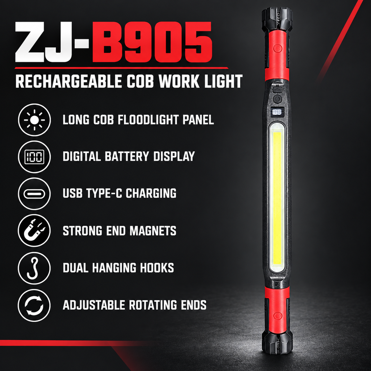 ZJ-B905 Rechargeable COB Work Light – Magnetic LED Inspection Lamp