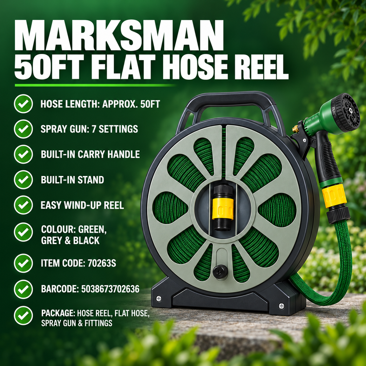 Marksman 50ft Flat Garden Hose Reel with 7-Setting Spray Gun