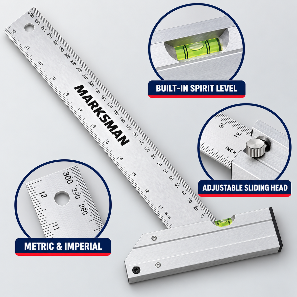 Marksman 12-Inch/300mm Aluminium Carpenter’s Combination Square with Spirit Level