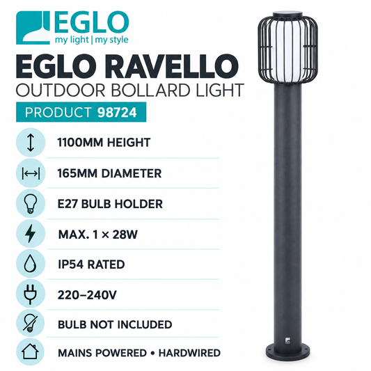 EGLO Ravello Outdoor Bollard Post Light – 1100mm – IP54 – E27
