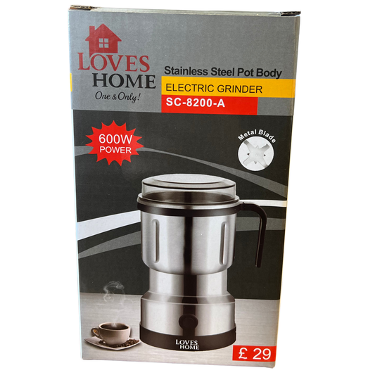 Packaging of a Loves Home electric grinder with product details on a white background