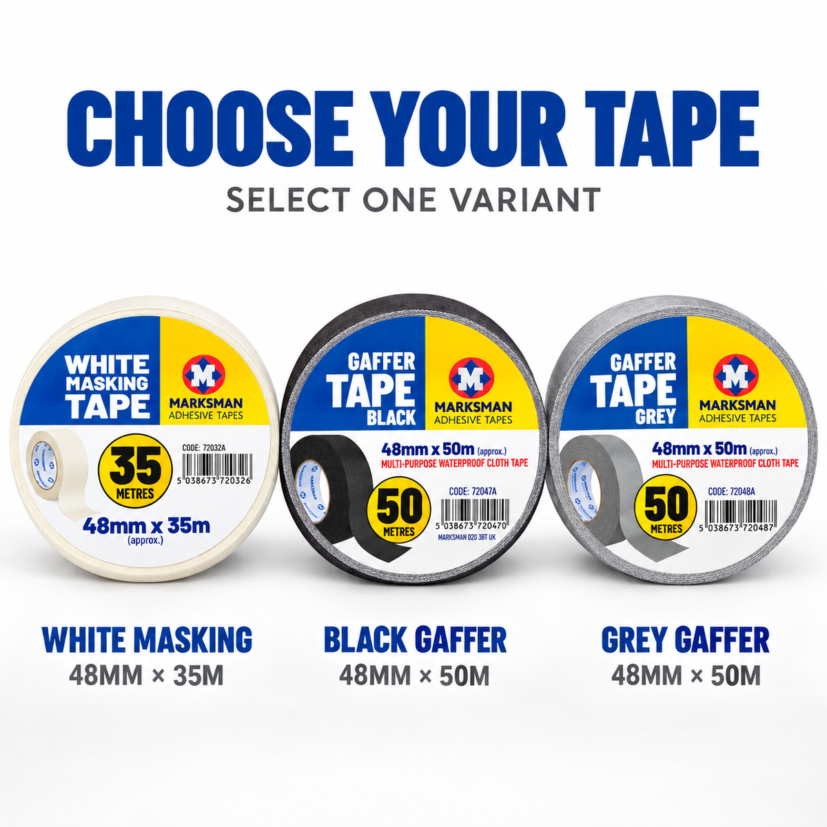 Marksman Adhesive Tape – White Masking or Black / Grey Gaffer Tape