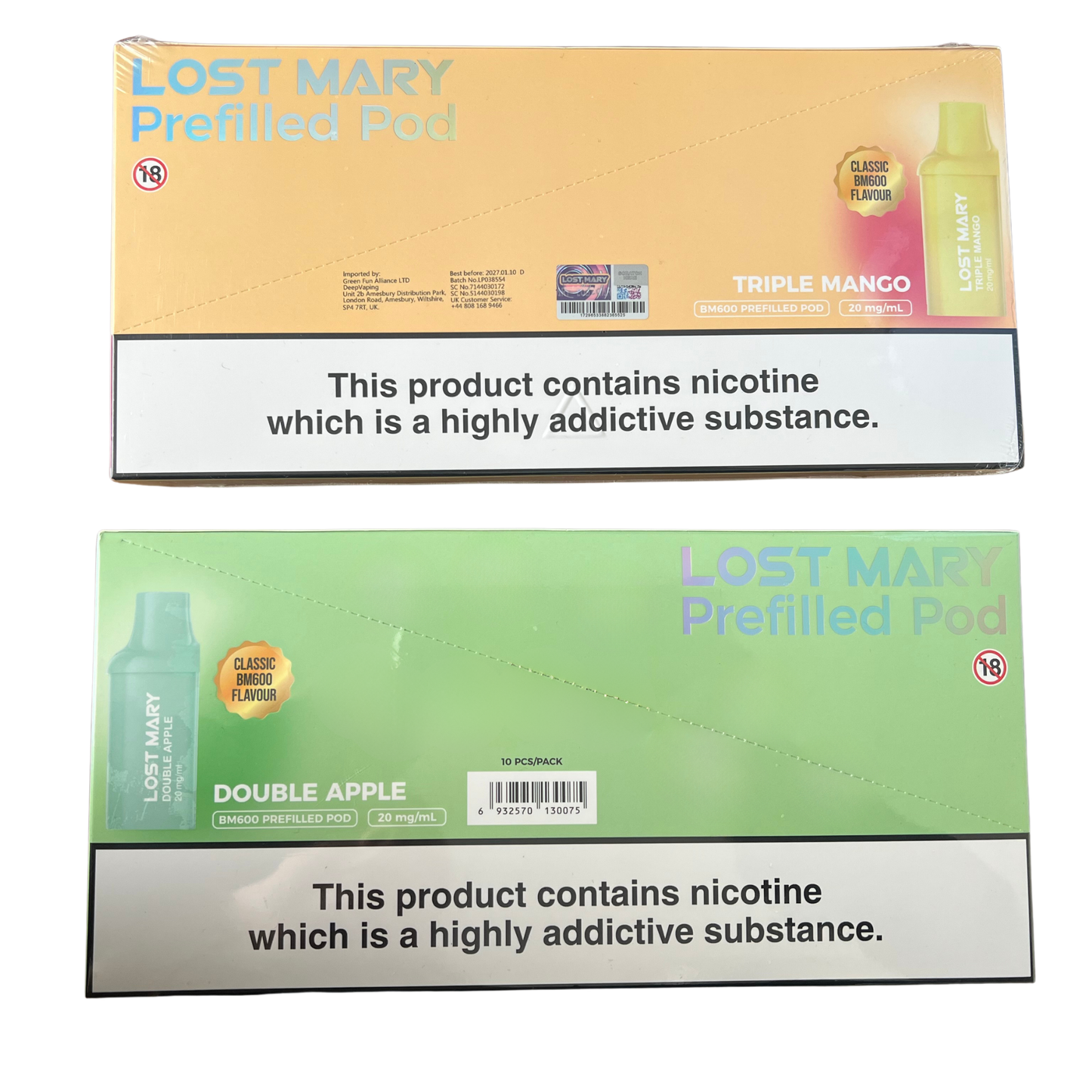Lost Mary Prefilled Pods – 10 Pack Bulk Box (Double Apple & Triple Mango) 20mg