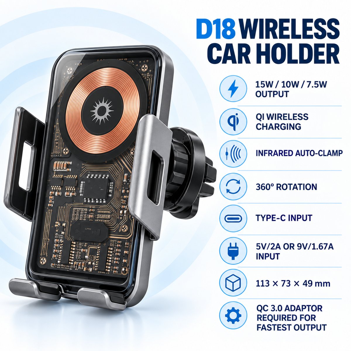 D18 15W Qi Wireless Charging Car Phone Holder – Automatic Clamp