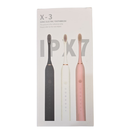 Packaging of X-3 sonic electric toothbrushes in black, white, and pink on a white background.