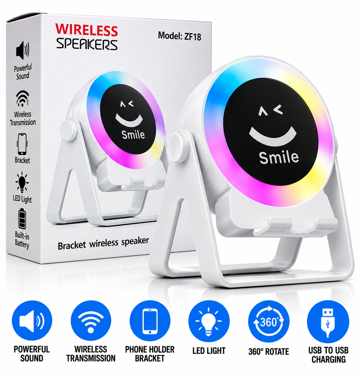 Wireless Speaker Bracket with Phone Holder &amp; LED Light – White or Black