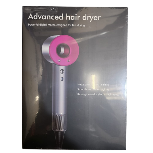 Packaging of an advanced hair dryer with pink and silver design.