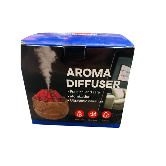 Box of an aroma diffuser with a depiction of smoke and a wooden bowl on a white background