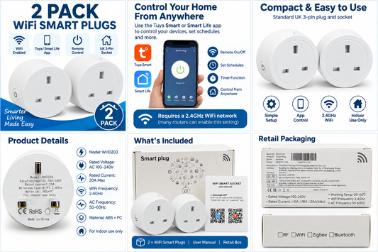 2 Pack WiFi Smart Plugs – UK Smart Sockets – Tuya / Smart Life App – 2.4GHz WiFi