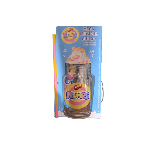 Flump's Mega Milkshake Gift Set packaging with a glass container on a white background