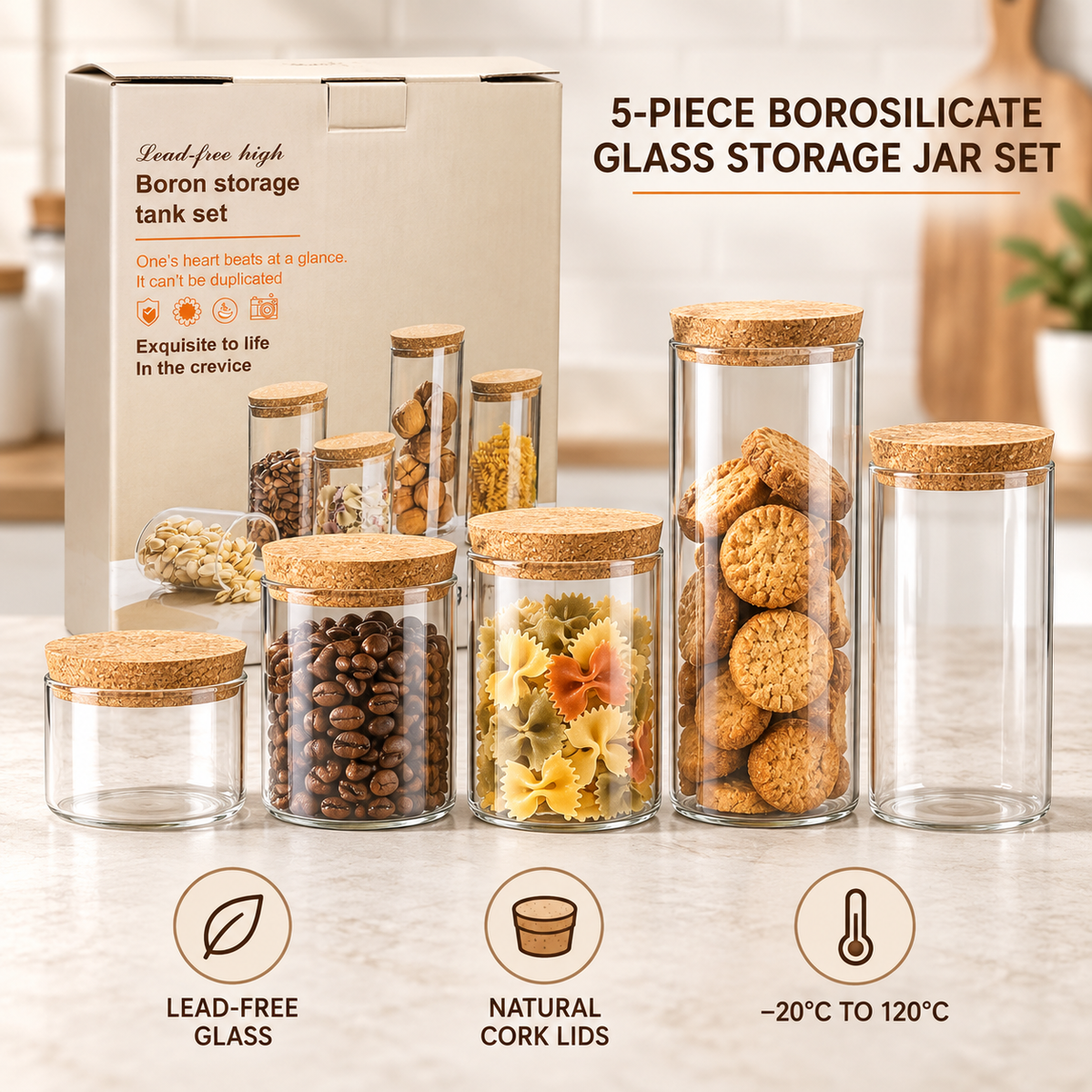 5-Piece Borosilicate Glass Storage Jar Set with Cork Lids