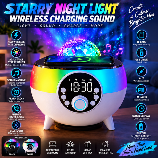 Starry Night Light Wireless Charging Speaker – Alarm Clock & Sound Machine