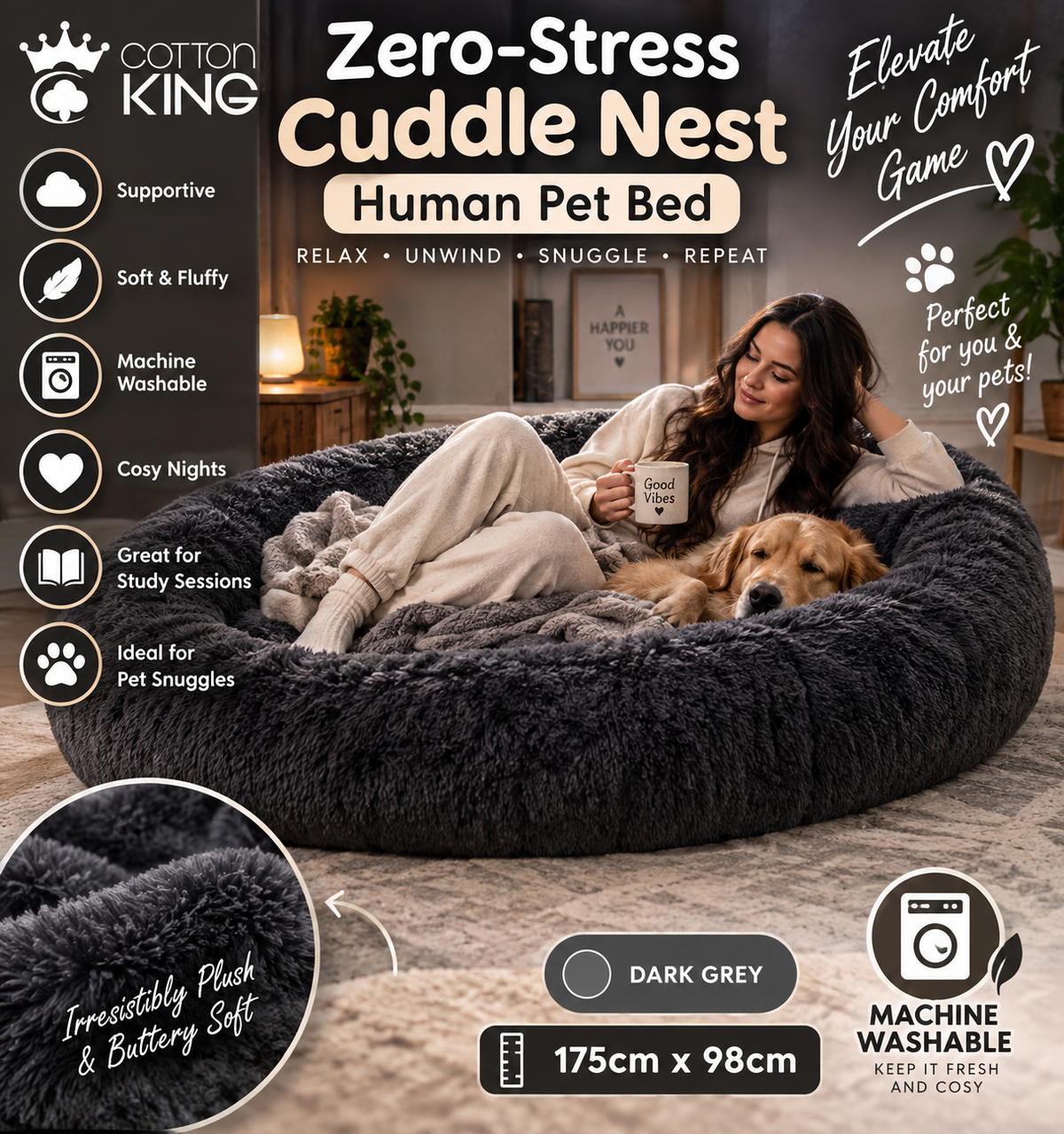 Cotton King Human Pet Bed – Dark Grey