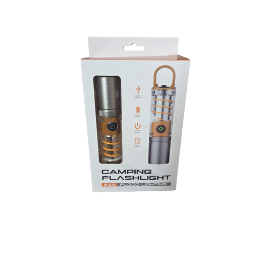 Camping flashlight in packaging on a white background