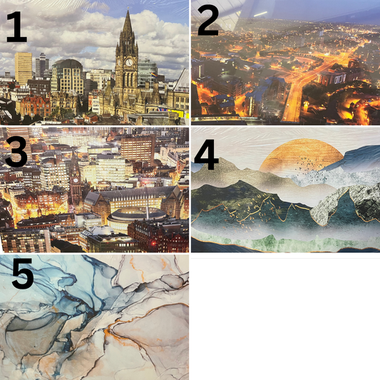 Collage of five different cityscapes with varying styles and times of day.