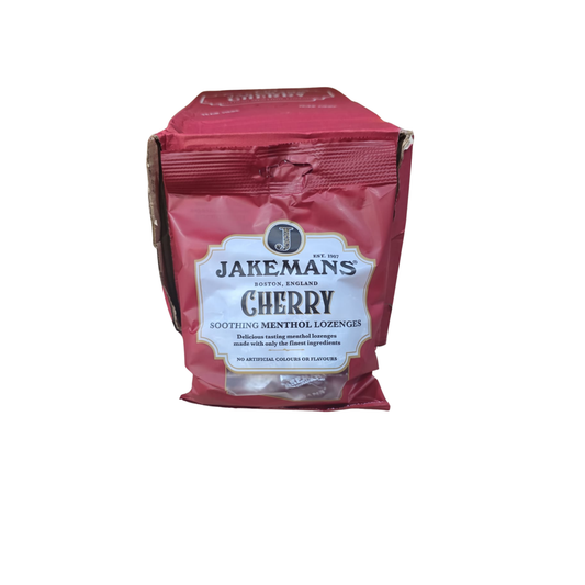 Red package of Jakemans Cherry lozenges on a white background