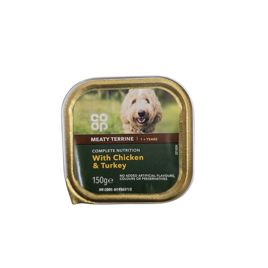 Co-op Meaty Terrine with Chicken & Turkey for dogs on a white background