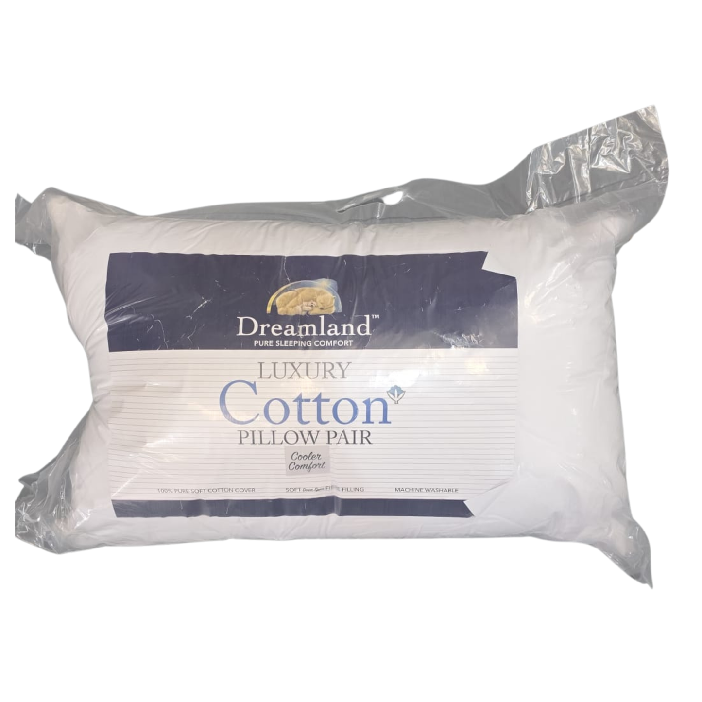 Packaged Dreamland luxury cotton pillow pair on a white background